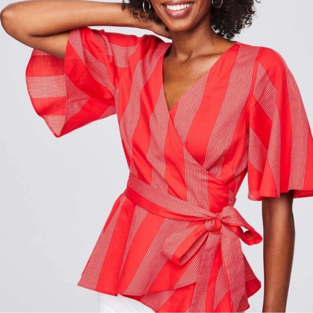 LOFT Flutter Sleeve Red Stripe Wrap Top XS